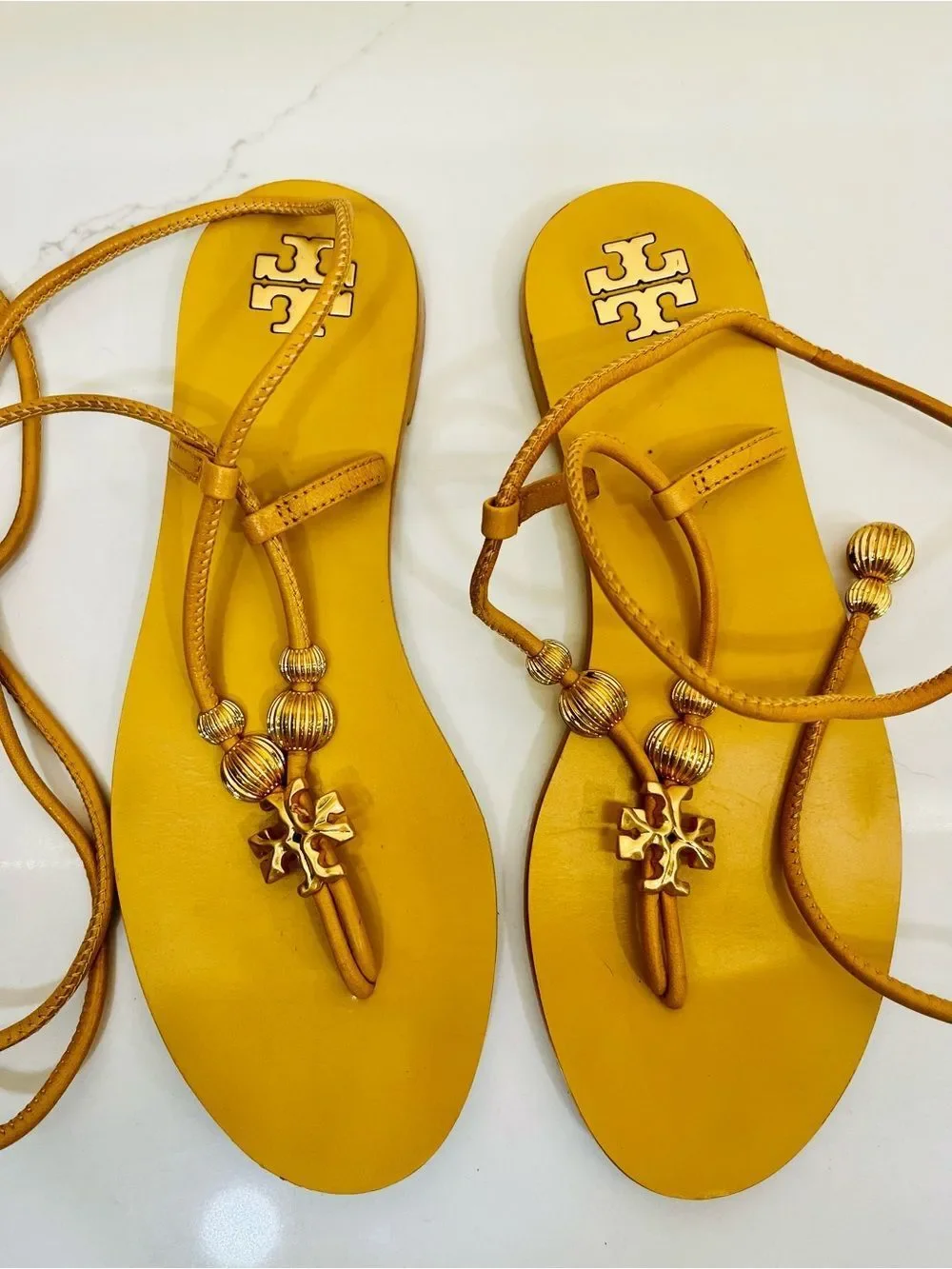 Tory Burch Mustard Yellow Lace-Up Logo Espadrille Sandals